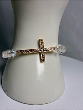 Gold Crystal Cross Stretch Bracelet - Clear Crystal Beads